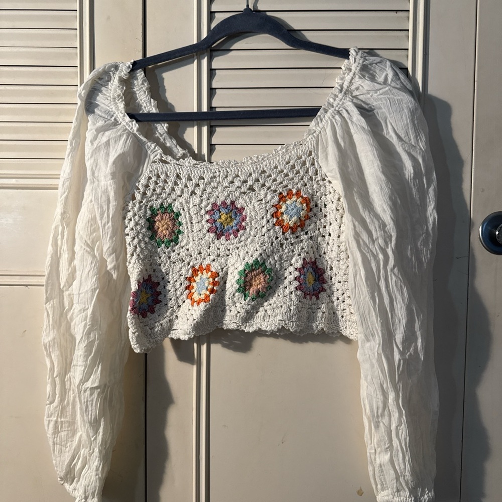 Aerie White Crochet Blouse with Colorful Accents - Picture 3 of 6